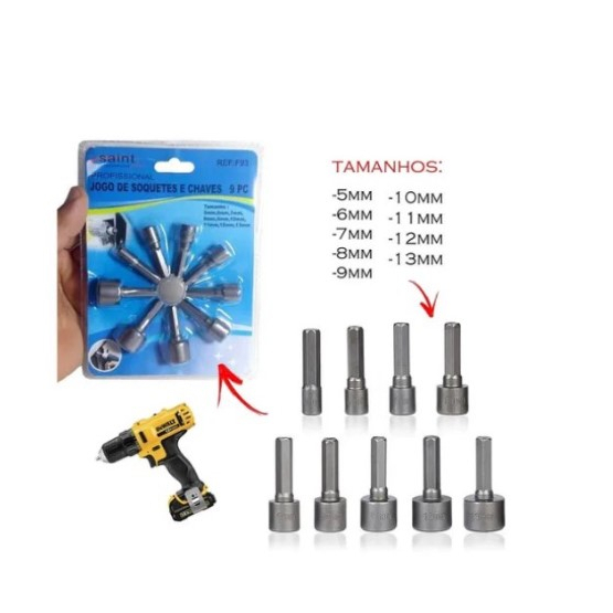 Jogo de Soquete 9 peças bits para parafusadeira canhão sextavado - Kit de soquetes furadeira e parafusadeira