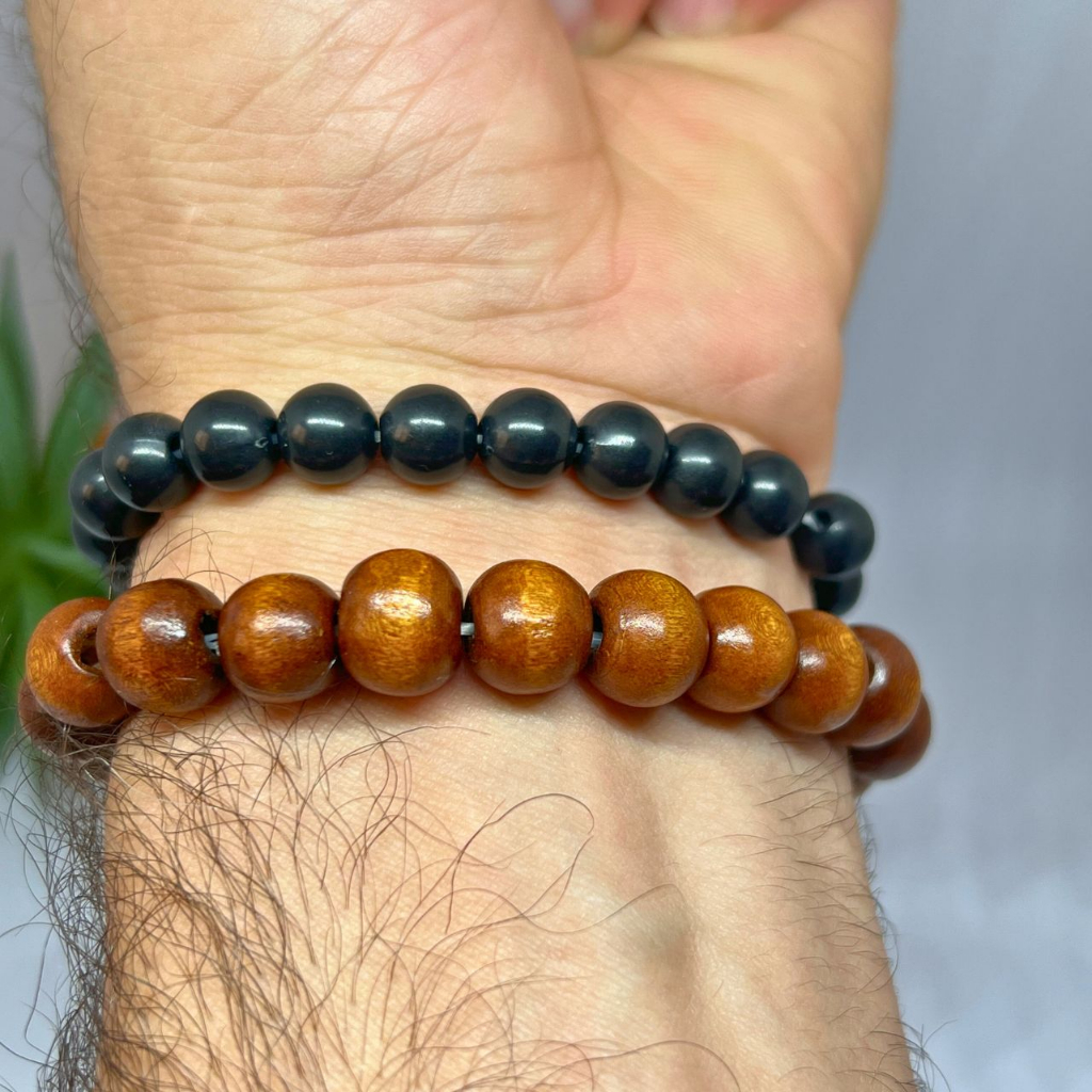 Pulseiras Masculinas Madeira Marrom e Preta de Miçangas