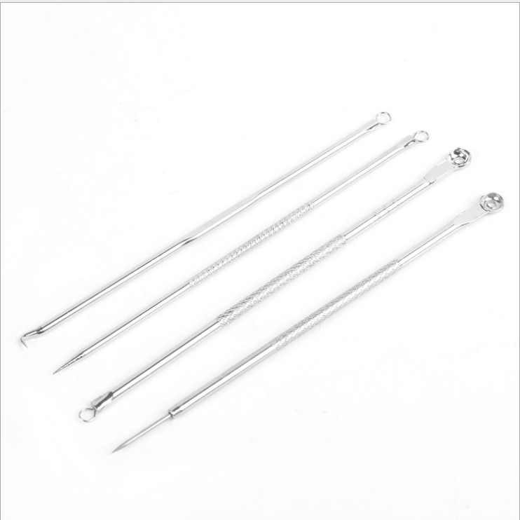Kit Com 4 Extrator Tira Acne Cravos Espinha Limpeza Pele Cor Prata