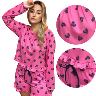 Conjunto Pijama Feminino blusa e short estampado Baby doll Manga Comprida Meia Estação