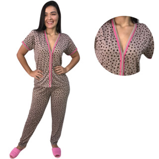 Pijama Americano com calça Meia Estação baby doll Blogueirinha aberto com botões para amamentar e pós cirúrgico