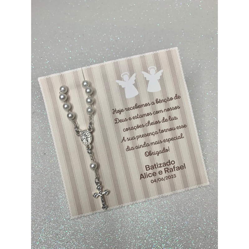 Lembrança/Lembrancinha para Batizado, Eucaristia, Comunhão. Cartão com Mini Terço 12 unidades