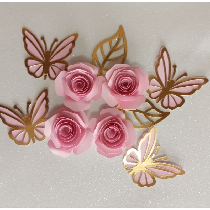 4 rosetas e 4 borboletas para topo de bolo flor 3d rosa em Oferta na Shopee