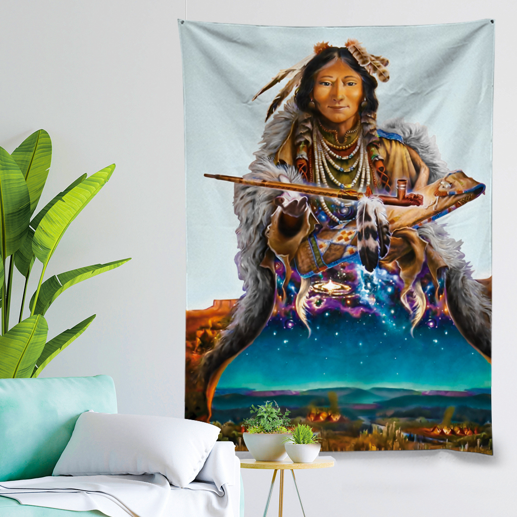 Panô Mulher Búfalo Branco tapeçaria de parede Xamanismo / Rapé / Ayahuasca / Cachimbo Sagrado