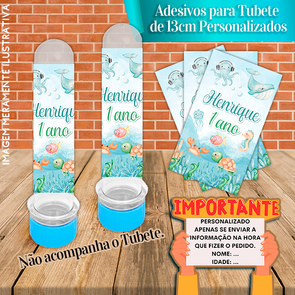 Rótulos adesivos para tubetes de 13 cm Personalizados Fundo do Mar