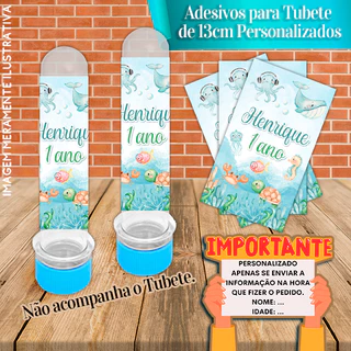 Rótulos adesivos para tubetes de 13 cm Personalizados Fundo do Mar