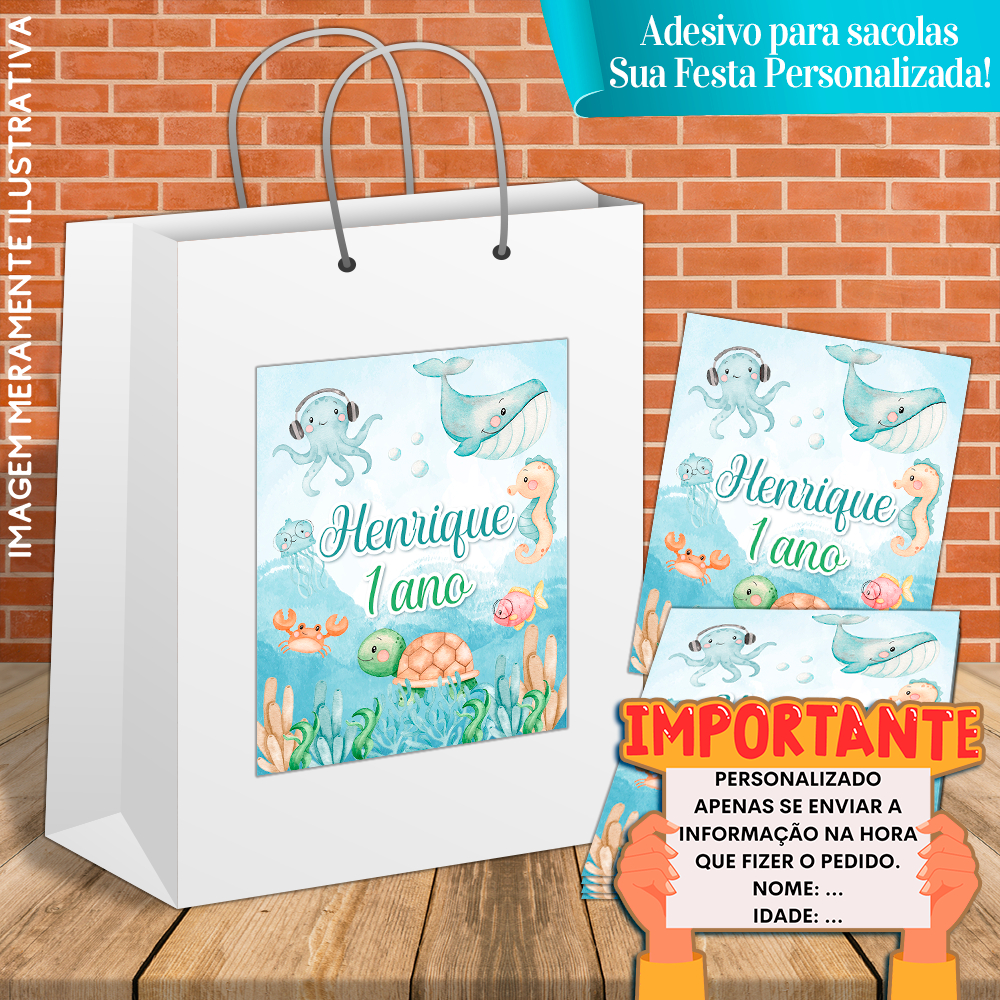 10 Adesivos Personalizados Para Sacolas Fundo do Mar