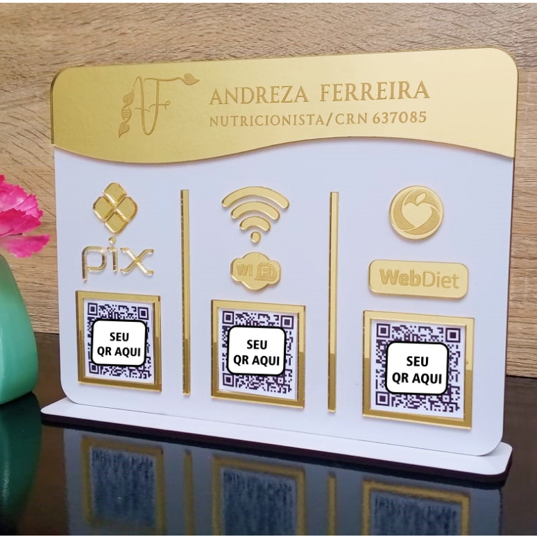placa de messa display  pix com detelhes em acrílico espelhado, logo personalizada