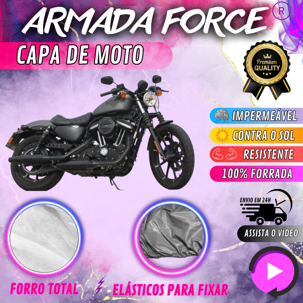 Capa para Cobrir Moto HARLEY IRON 883 100% Forrada Forro Total Armada Force 100% Impermeável Forro Total Protege Sol Chuva Poeira Lona Proteção Automotiva