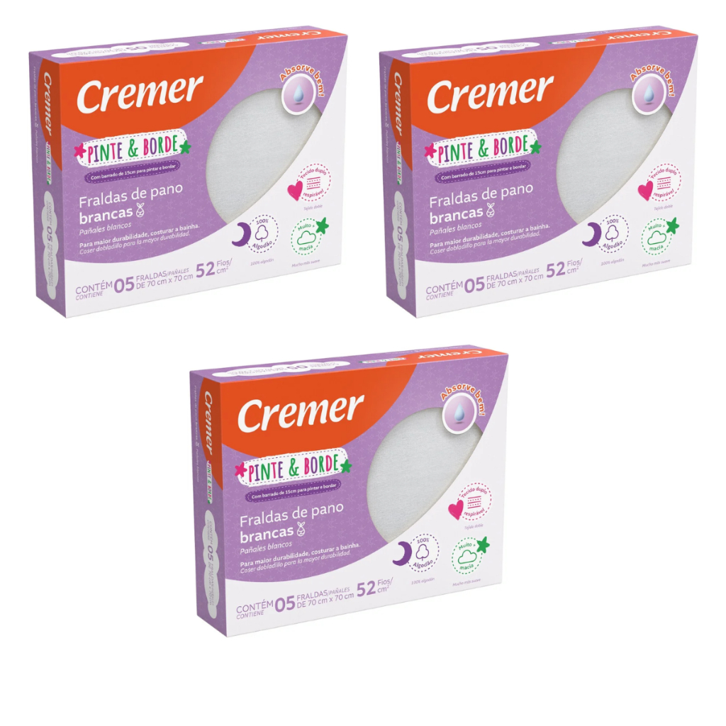 Kit 03 Caixas de Fralda Cremer Luxo Branca Pinte E Borde 100% Algodão