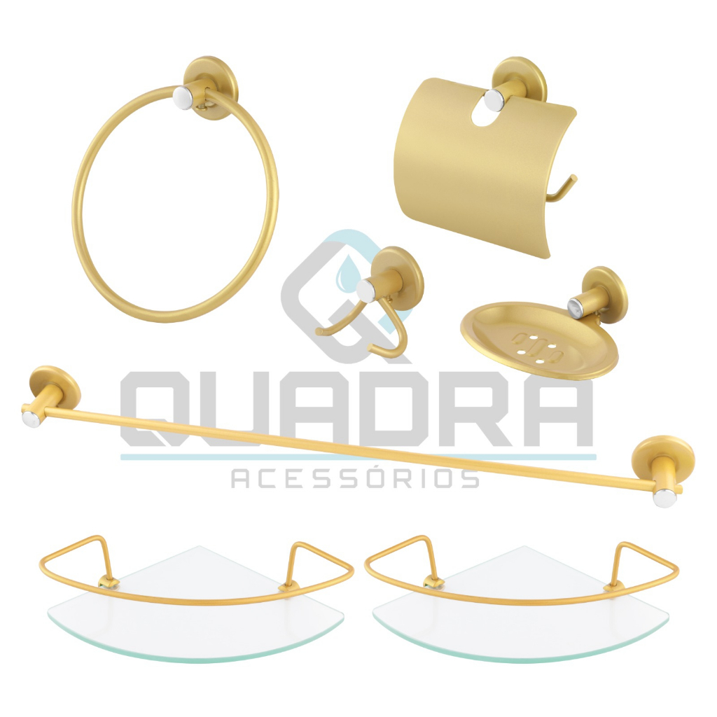 Kit Para Banheiro acessorios  5 Peças Dourado + 2 Porta Shampoo Canto