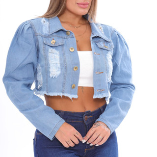Jaqueta Jeans Feminina P M G GG Manga Longa Destroyed Modelo Croppd Moda Blogueira!
