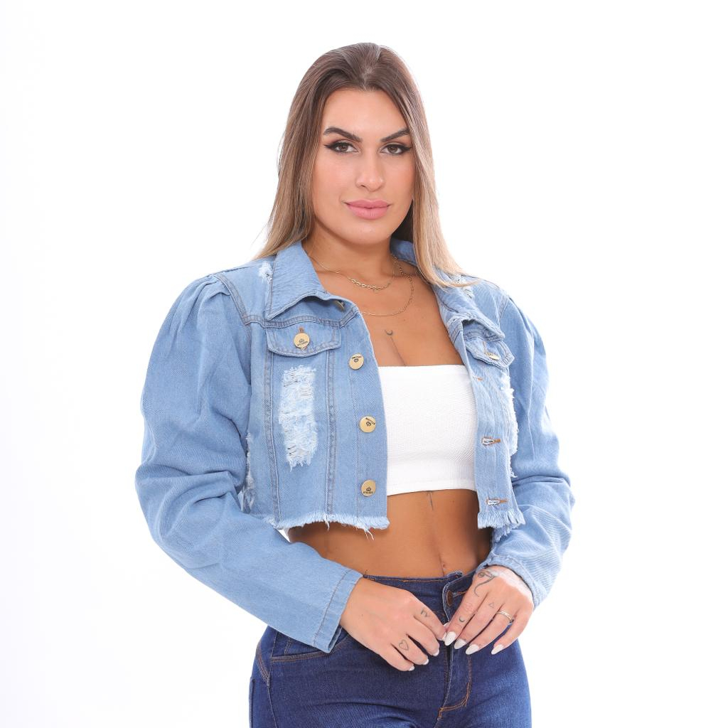 Jaqueta Jeans Feminina P M G GG  Manga Longa Destroyed Modelo Croppd Moda Blogueira