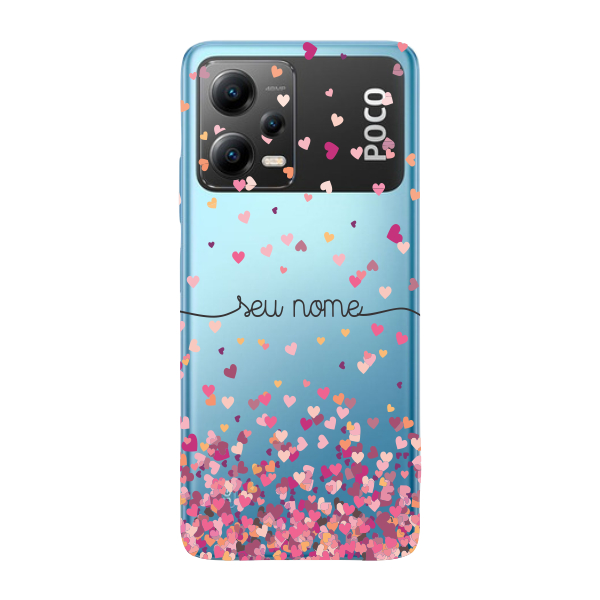 Capinha para Xiaomi Poco X5 Anti Impacto Personalizada - Chuva de corações rosa com nome
