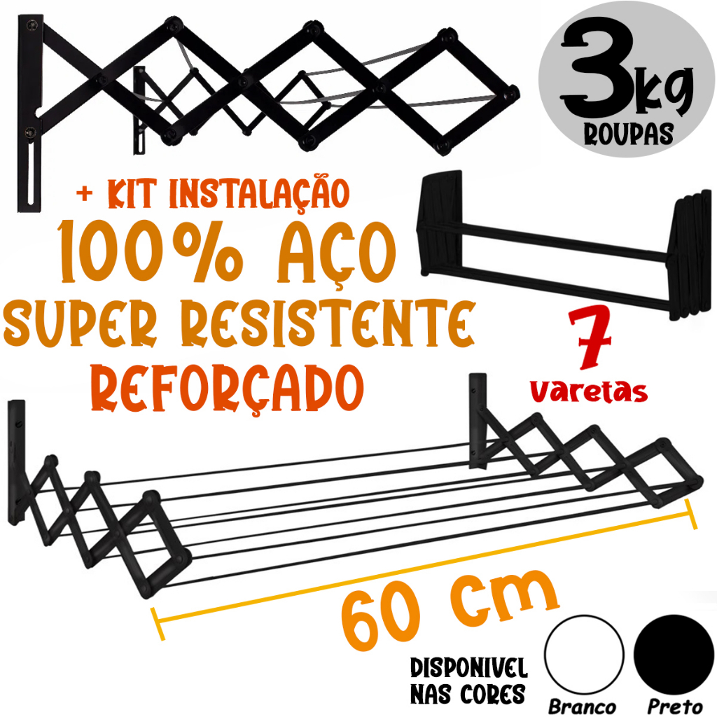 Varal Sanfonado Retrátil Parede 60 cm Aço Preto ou Branco Secalux em Oferta na Shopee