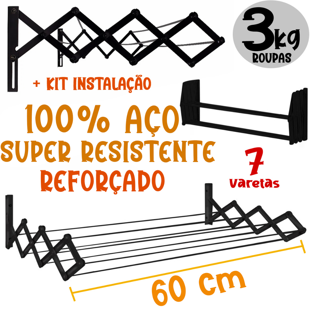 Varal Sanfonado Retrátil Parede 60 cm Aço Preto Lavanderia Secalux em Oferta na Shopee