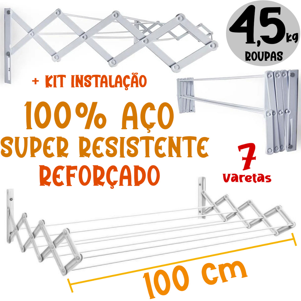 Varal Sanfonado Retrátil Parede 1 Metro Aço Branco Lavanderia Secalux