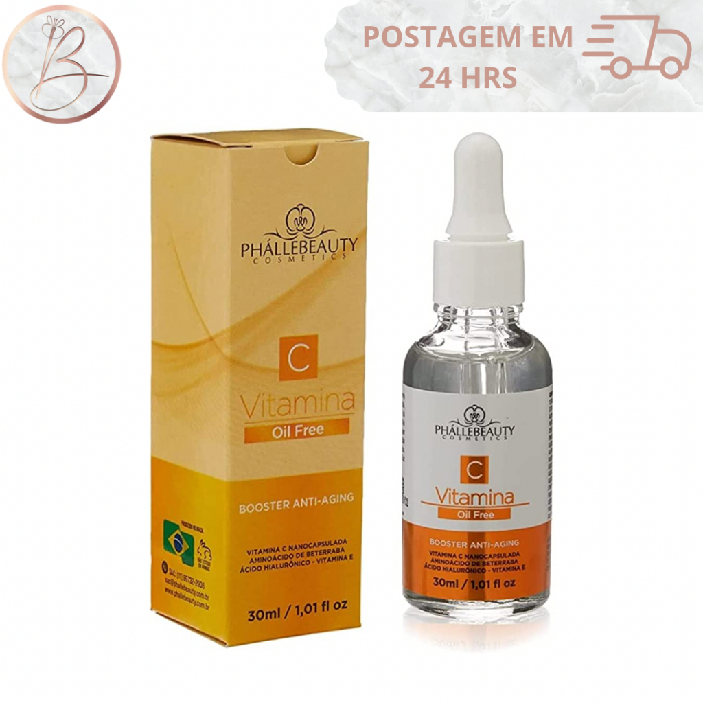 Sérum Vitamina C Booster Anti-Aging PhálleBeauty Vitamina E Vitamina C Nanocapsulado Diminuição de Rugas Leve Clareamento na Pele