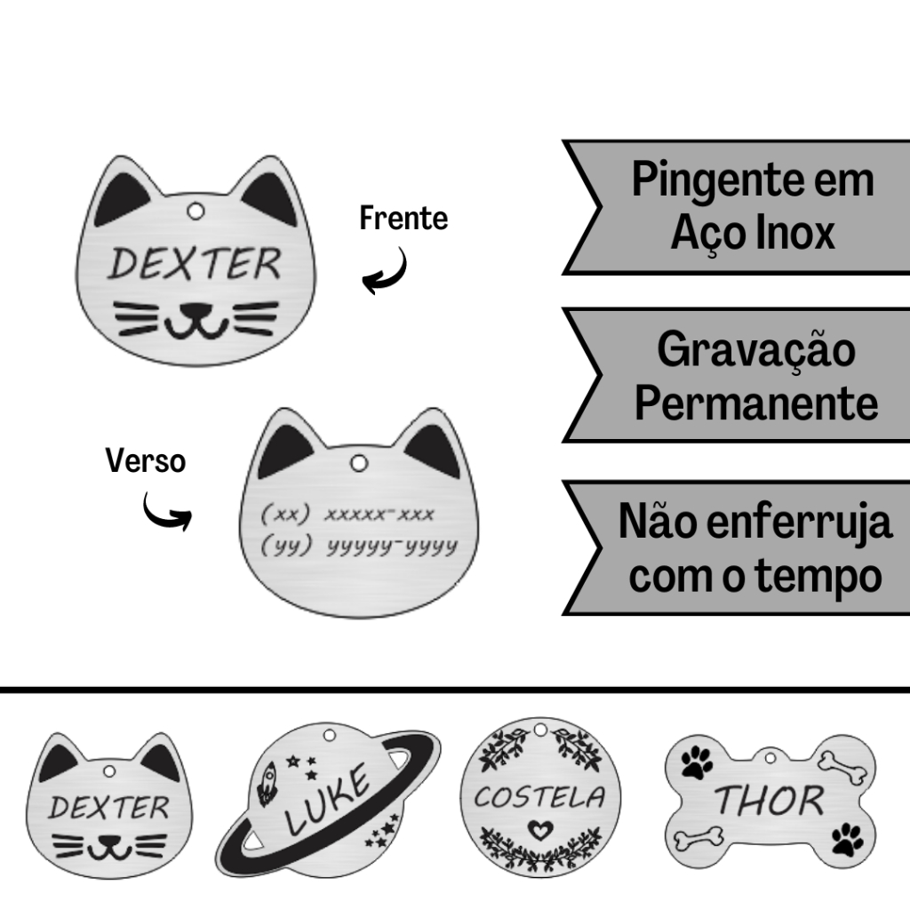 Plaquinha de Identificação Pet Personalizada Com Nome e Telefone Gato Cachorro
