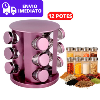 Porta Tempero Condimentos Giratório Lilás Inox 12 Potes de Vidro Para Cozinha