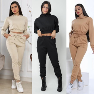 Conjunto Feminino de Moletom Calça Jogger e Cropped Com Capuz