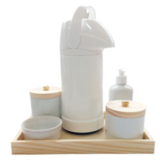 Kit Higiene Bebe Porcelana Branco Gelo Completo Bandeja Retangular Madeira Pinus Fundo MDF 6 Peças Com Puxador