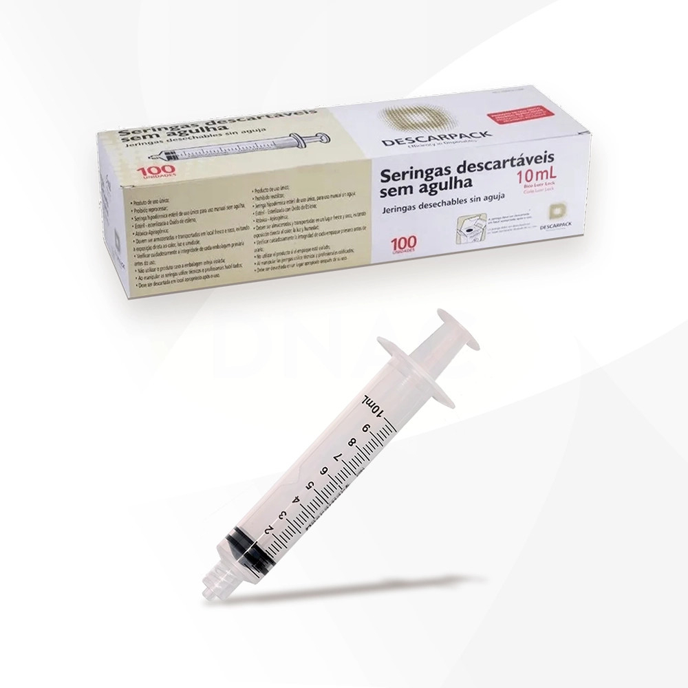 Caixa De Seringas 10ml Sem Agulha Bico Rosca Luer Lock Descartável Com 100 Unidades - Descarpack