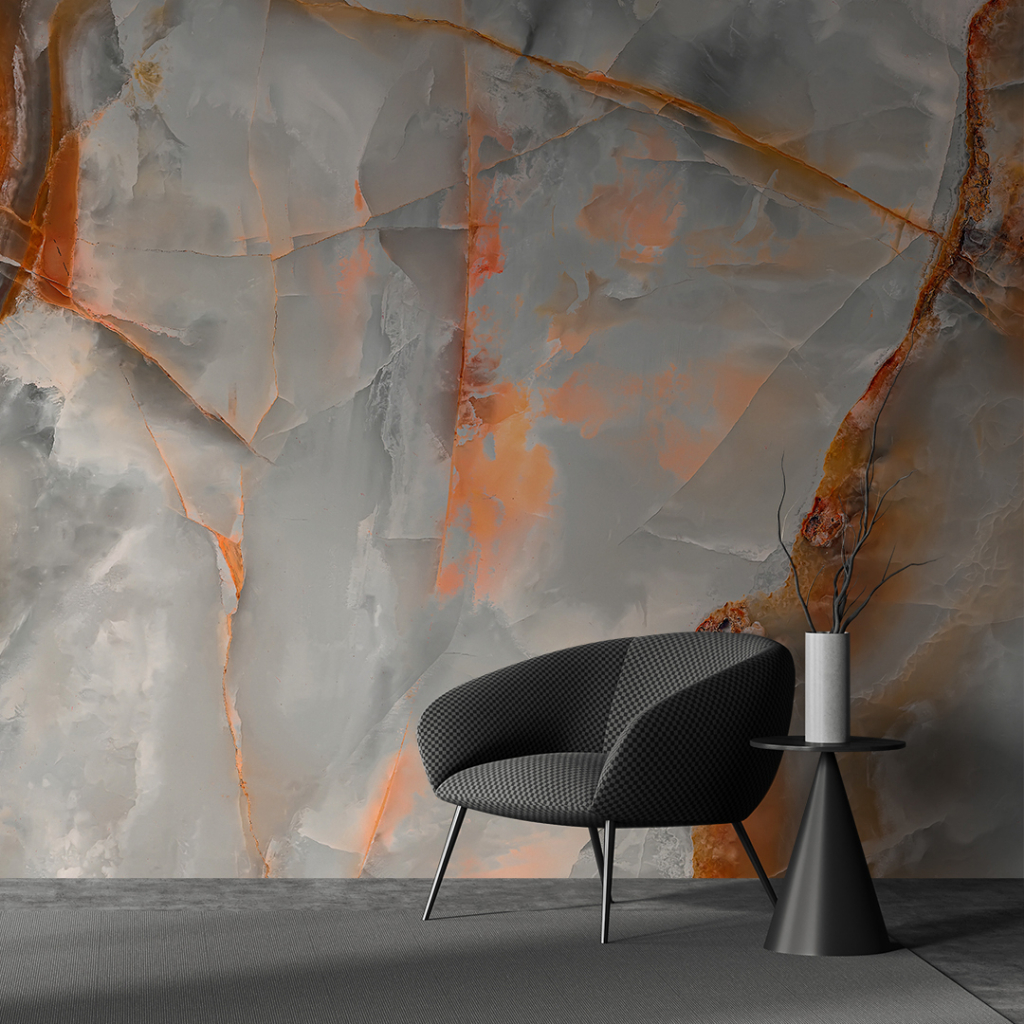 Papel de Parede Para Sala Adesivo Lavável Mármore Cristal Ônix Laranja Cozinha Quarto Escritorio 3D