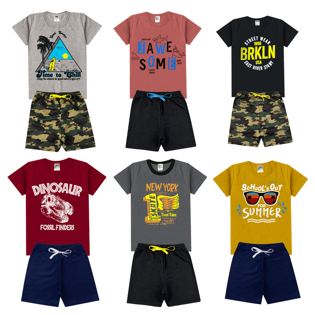 Kit Sortido Lote 8 Conjuntos Infantil Menino- 16 Peças = 8 Camisetas + 8 Bermudas - Tamanho 02 ao 06