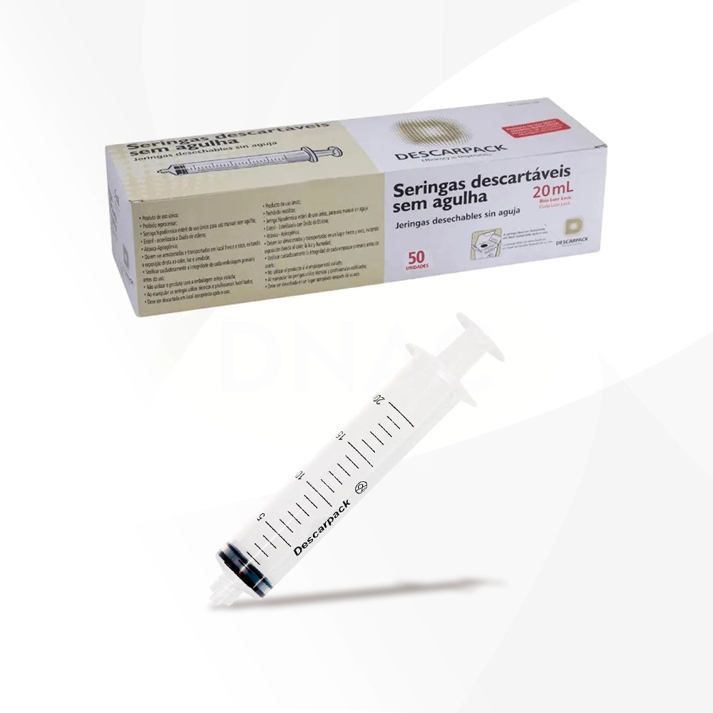 50 Seringas 20ml Descartáveis Sem Agulha Bico Rosca Luer Lock - Descarpack