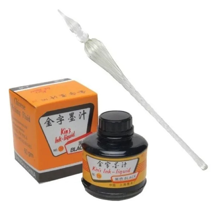 Kit Caneta De Vidro Pena Caligrafia + Tinta Nanquim Preto