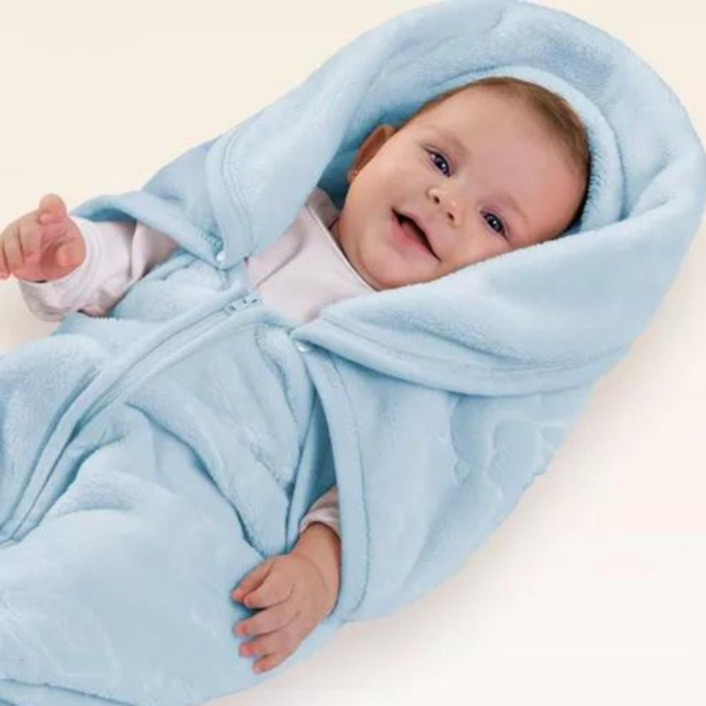 Cobertor Bebê de vestir Saco com ziper Quentinho Bebe Azul Touch Texture Raschel Relevo Jolitex