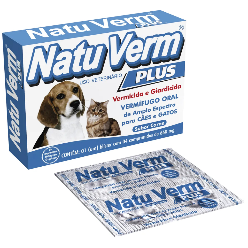 Vermifugo Natu Verm Plus Giardia 660mg para Cães e Gatos Vetbras com 4 Comprimidos