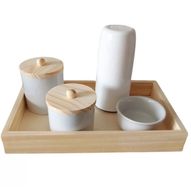 Kit Higiene Bebe Porcelana Branco Gelo Bandeja Retangular fundo MDF Potes com Puxador Garrafa Termica e Molhadeira