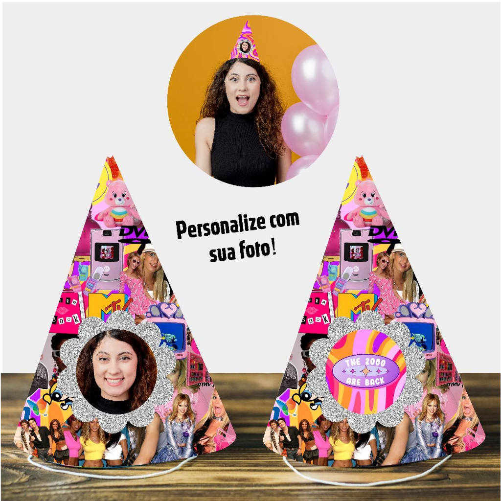 Chapéu de Festa Chapeuzinho de Aniversário Personalizado com Foto Festa Anos 2000 Y2K