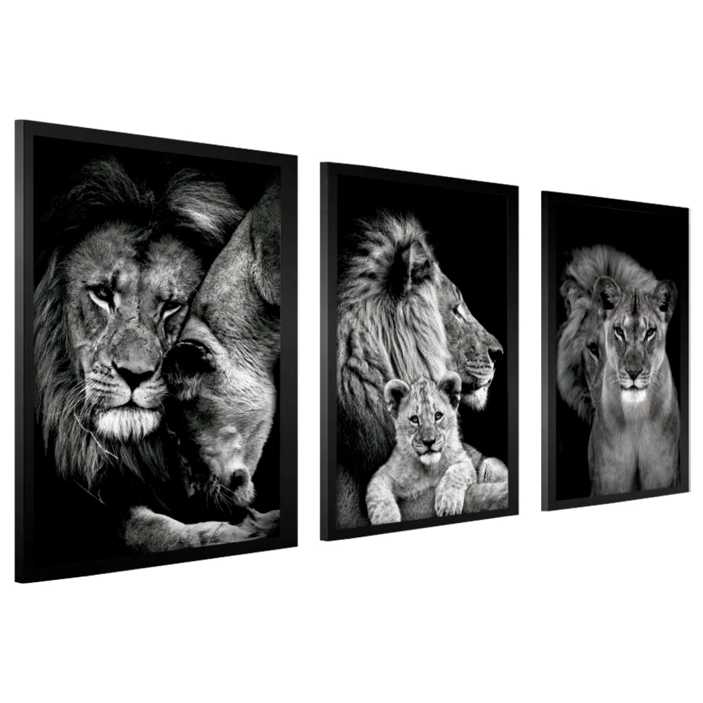Kit Quadros Decorativos Sala Leão Leoa 2 Filhotes Familia