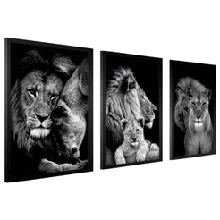 Kit Quadros Decorativos Sala Leão Leoa 2 Filhotes Familia