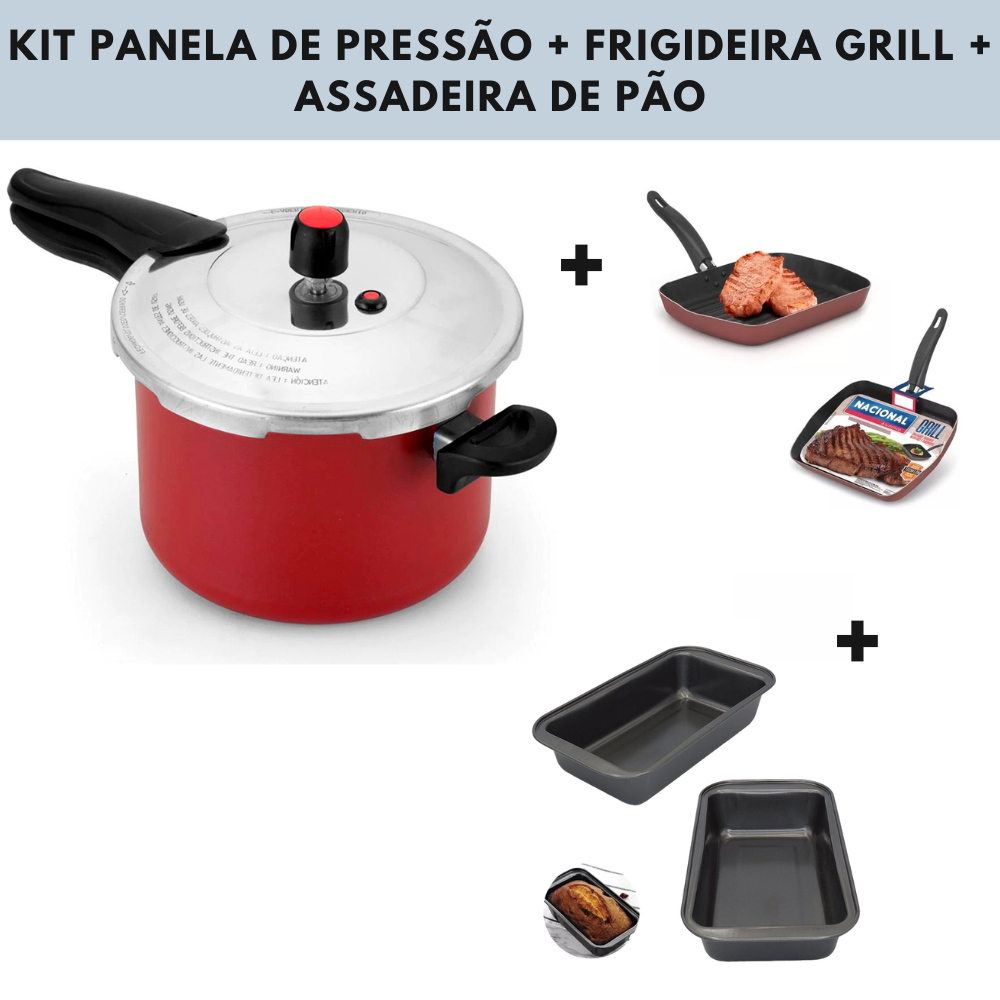 Kit Panela Pressão 4,5l Antiaderente Vermelha + Frigideira Antiaderente Vermelha + Forma Assadeira de Pão Antiaderente