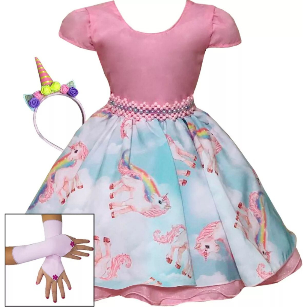 Vestido Unicórnio Rosa Cute Festa Infantil Tiara E Luvas