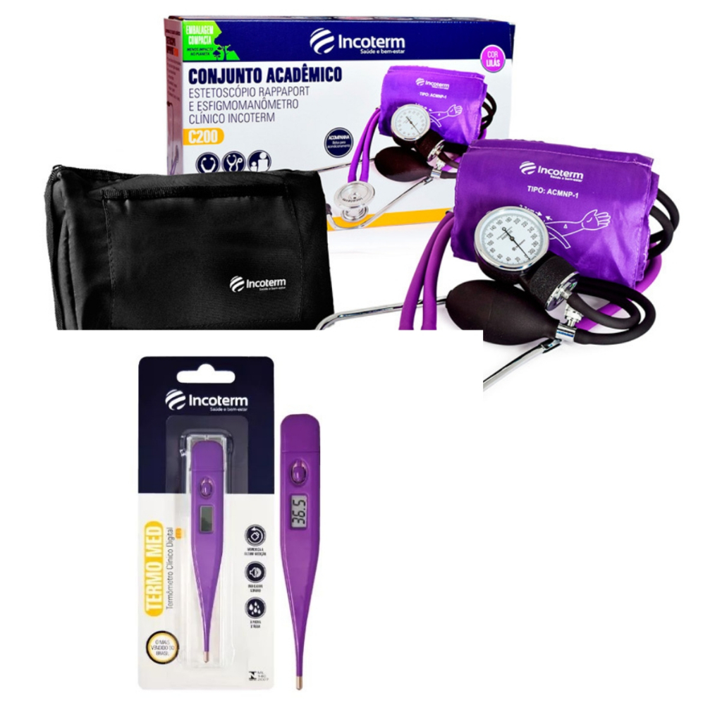 Kit saúde roxo com esteto duplo medidor de pressão e termômetro várias cores