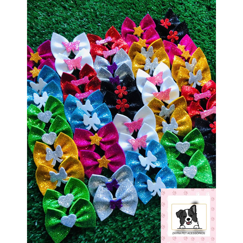 50 Unidades Lacinhos EVA C/ Gliter Pet Mix Cores Variadas Cães Cachorro Banho e Tosa