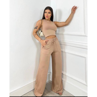Calça Feminina Pantalona Moletom Wide Leg Com Bolso