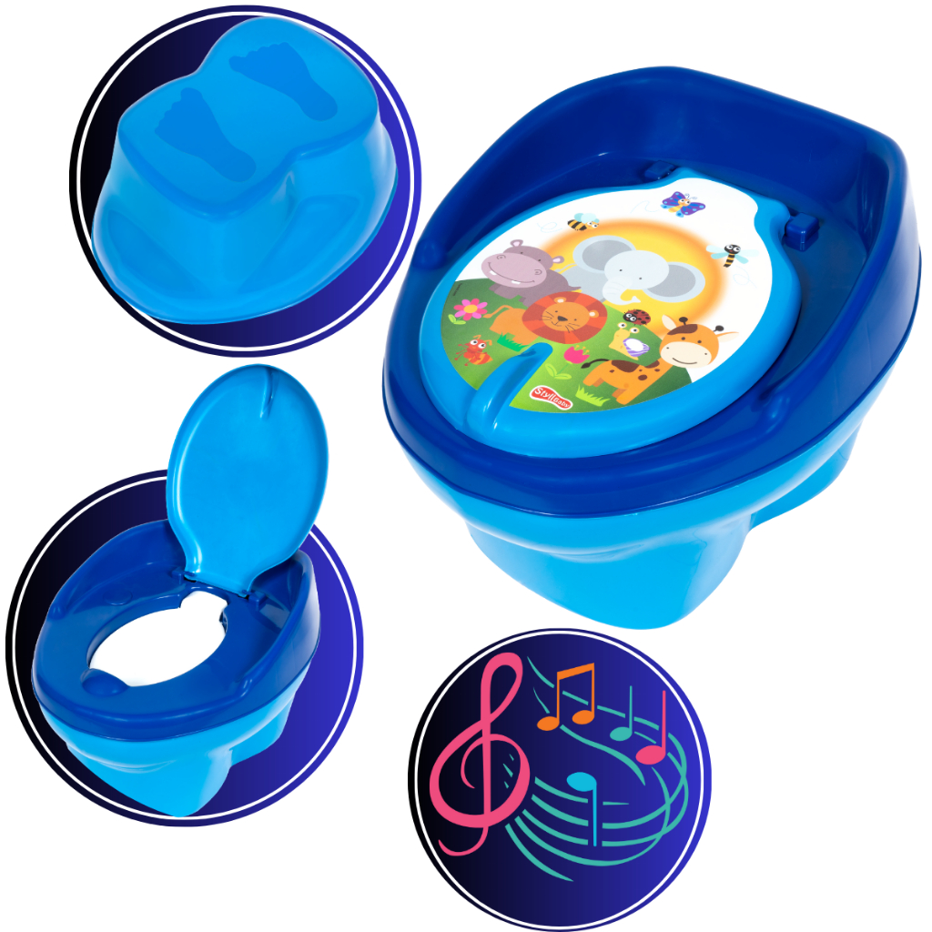 Troninho Musical Azul Pinico Infantil Suporta Até 23kg Para Bebê Desfralde Privadinha Assento Redutor Sanitanário Penico Removível Base Vira Um Banquinho Baby Bichinhos Brinquedos Styll