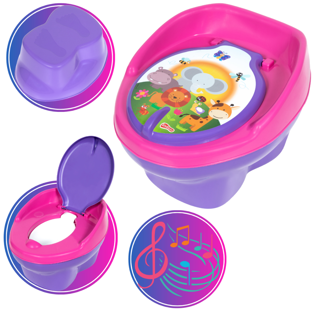 Troninho Infantil Penico MUSICAL Para Bebê Suporta Até 23kg Desfralde Pinico Privadinha Rosa Lilás Assento Santinário Removível Base Vira Um Banquinho Baby Bichinhos Brinquedos Styll Baby