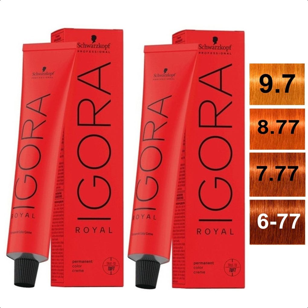2 Tintas de Cabelo Igora Royal 8-77 7-77 6-77 9-7 Cobre Coloração Ruivo Schwarzkopf