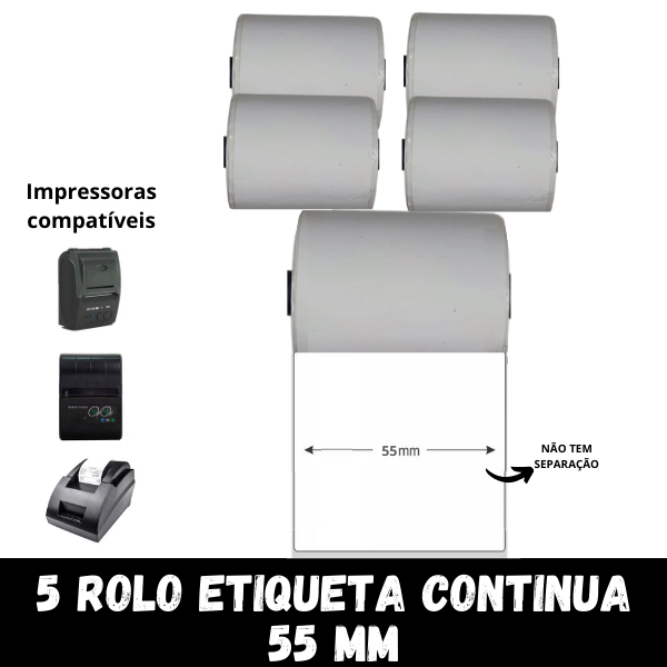 5 Rolos Etiqueta Térmica Continua P/ Mini Impressora - 55mm