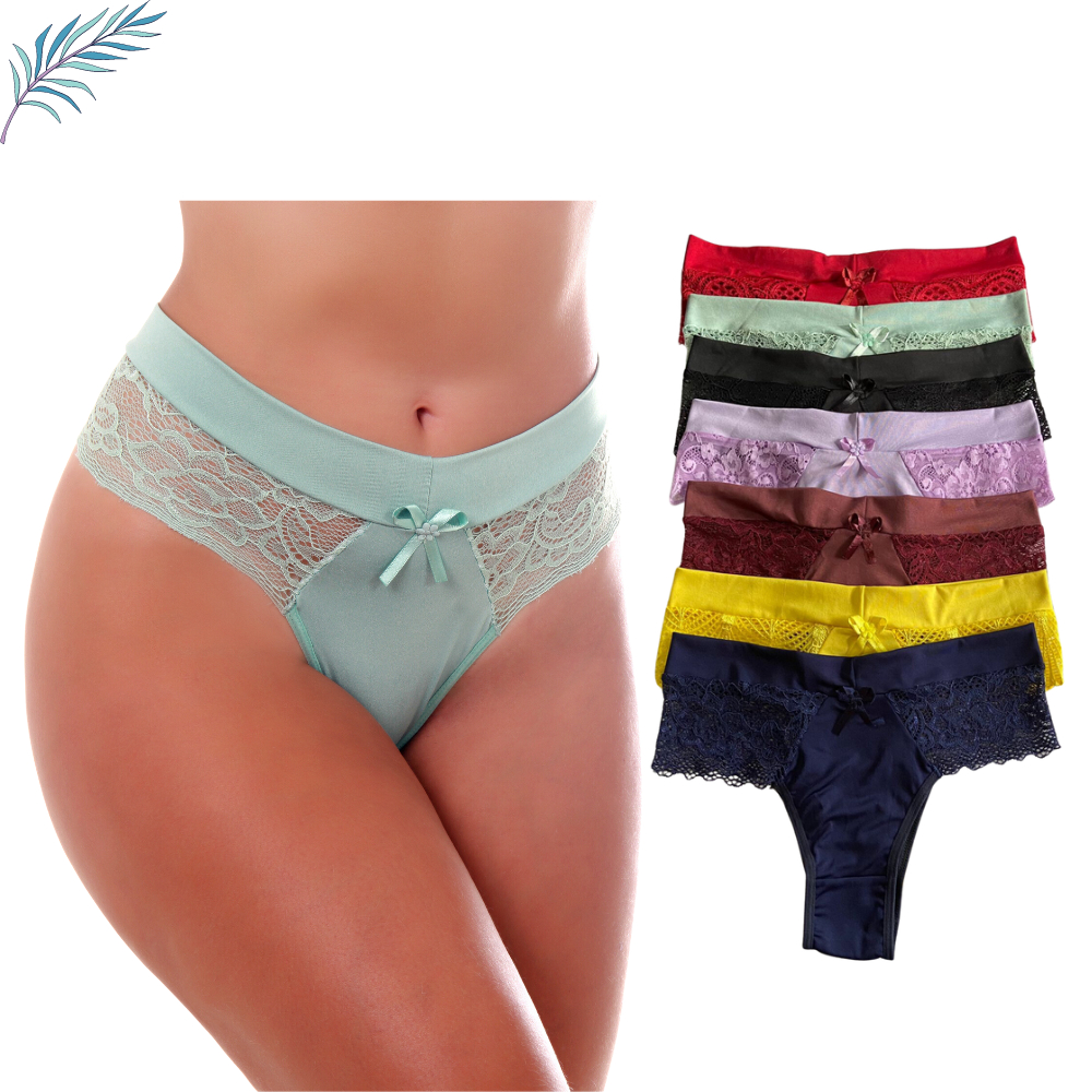 Kit 5 Calcinha Feminina Cós Alto Renda Forro Algodão - Flor em Oferta na Shopee