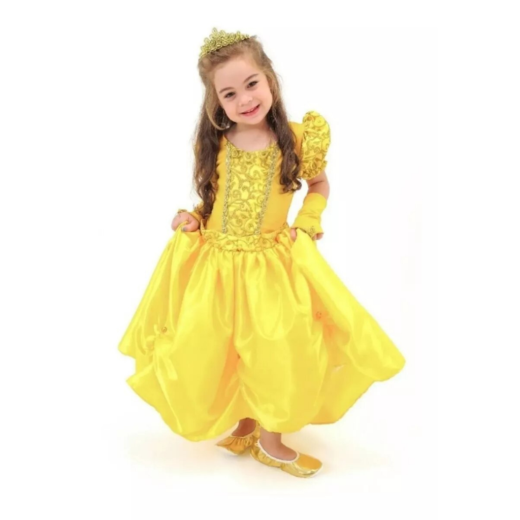 Fantasia Vestido Princesa Bela E a Fera Infantil Luvas Coroa