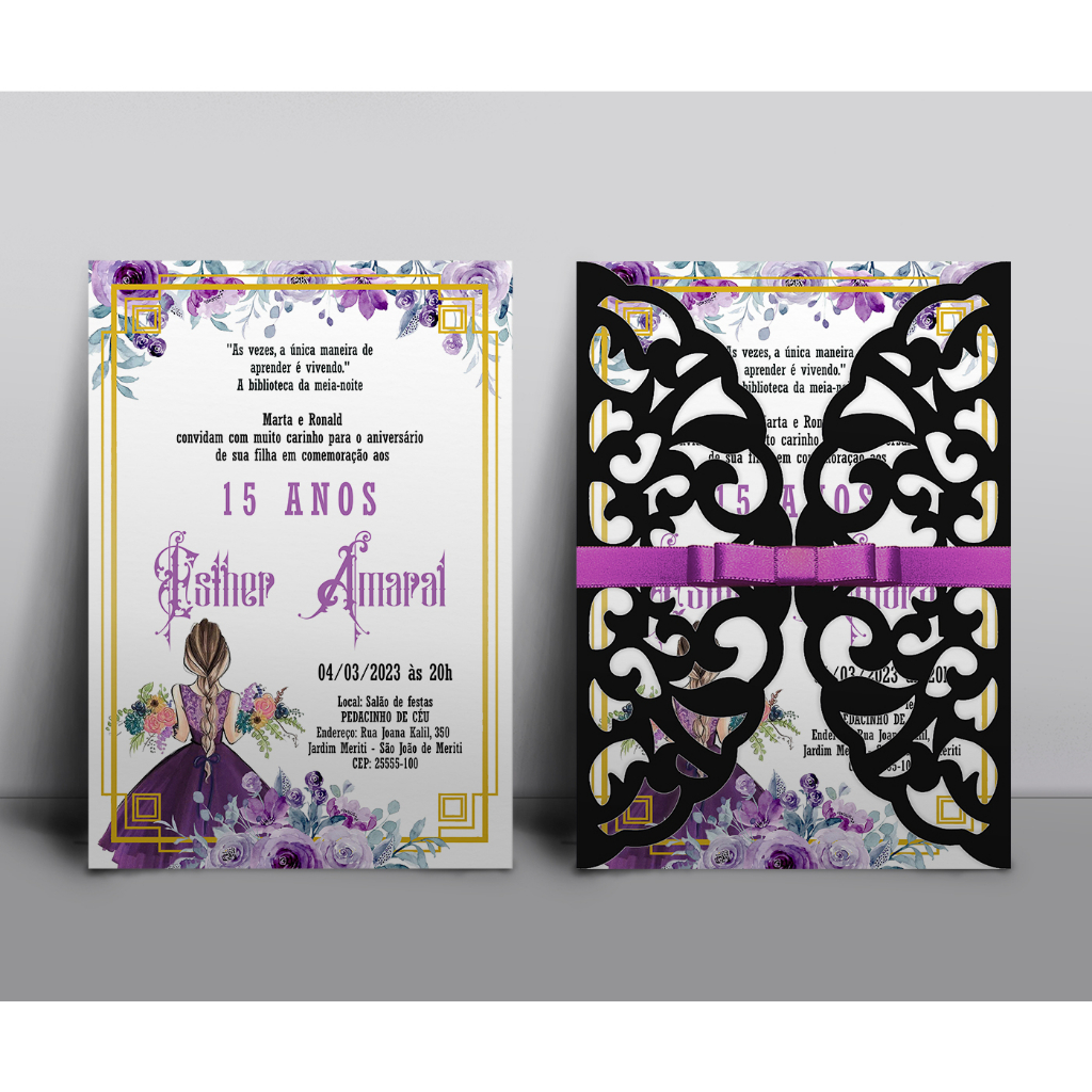 Convite Rendado Envelope Preto corte a laser Aniversário Festa Eventos Floral Lavanda Menina