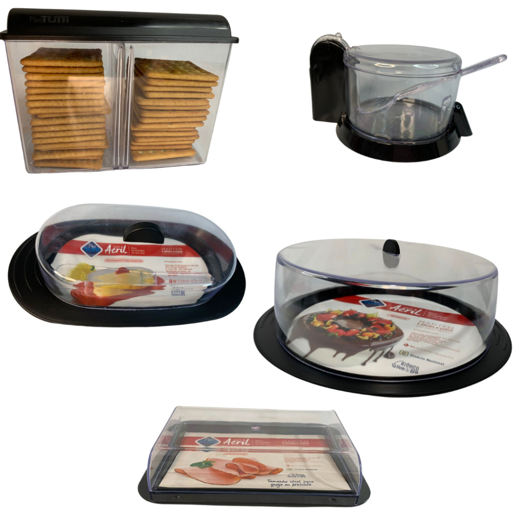 Conjunto de utensílios para armazenamento cozinha porta bolo manteigueira porta biscoito açucareiro porta frios 5 peças plastutti